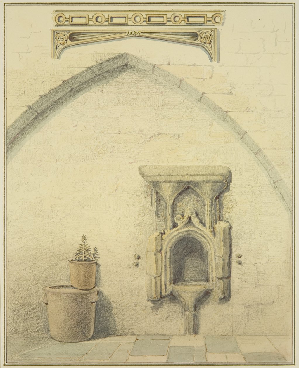 Piscina و Frieze و Spandrels في فناء 131 Temple Street (قلم رصاص وألوان مائية على ورق) بواسطة توماس ليسون الأكبر روبوتبهام