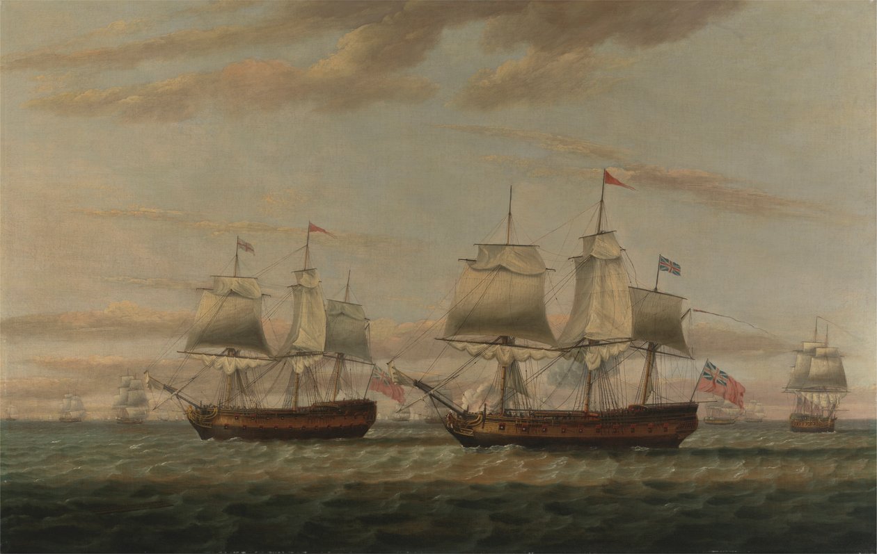An Indiaman و a Two Decker Hove إلى ، يُقال إنه Thomas Dumar ، Esq. في H.M. سفينة بورتلاند تنقل قافلة جزيرة ليوارد عام 1776 بواسطة توماس لوني