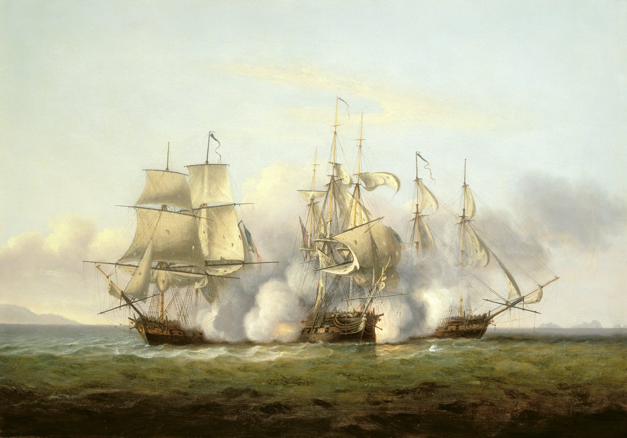 HMS Gore في العمل مع "Palinure" و "Pilade" من Brigs الفرنسية (انظر أيضًا 197354) بواسطة توماس لوني