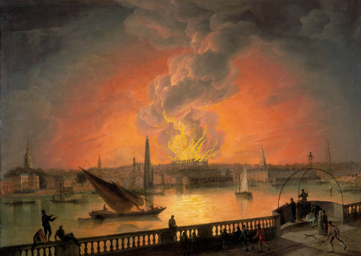 'The Burning of Drury Lane Theatre from Westminster Bridge' ، c1809 بواسطة توماس لوني