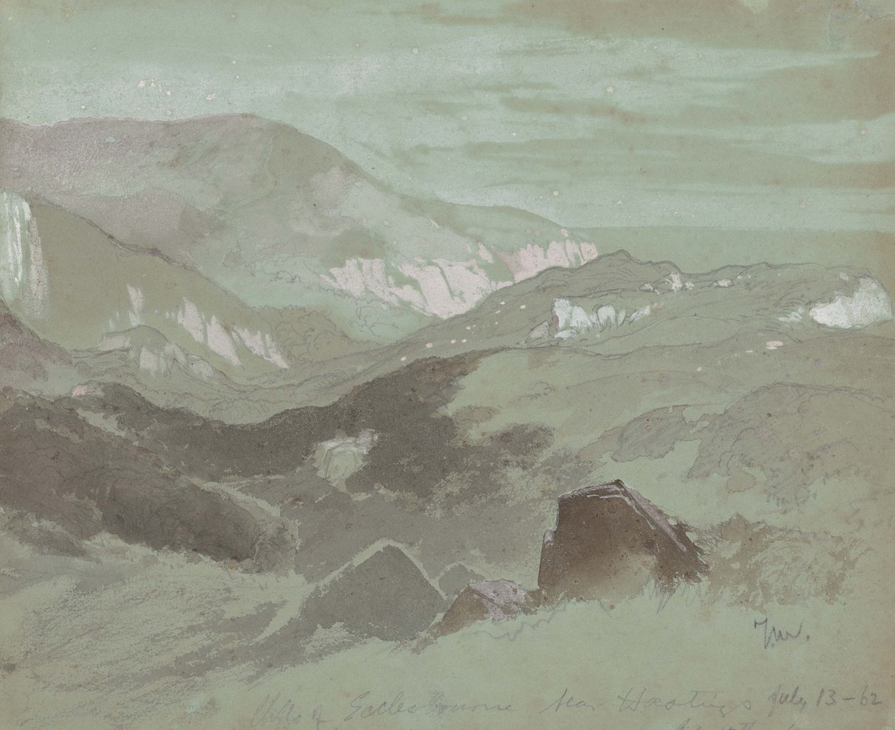 منحدرات إكليسبورن بالقرب من هاستينغز ، 1862 (الجرافيت مع غسيل على ورق نسج رمادي) بواسطة توماس موران
