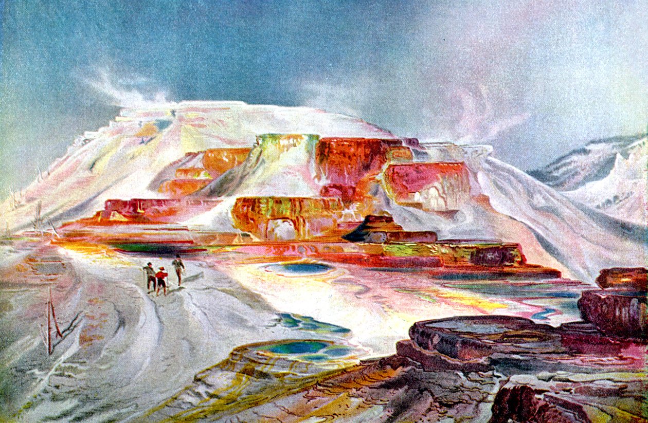 ينابيع الماموث الساخنة، حوالي عام 1880 (نقش) بواسطة توماس موران