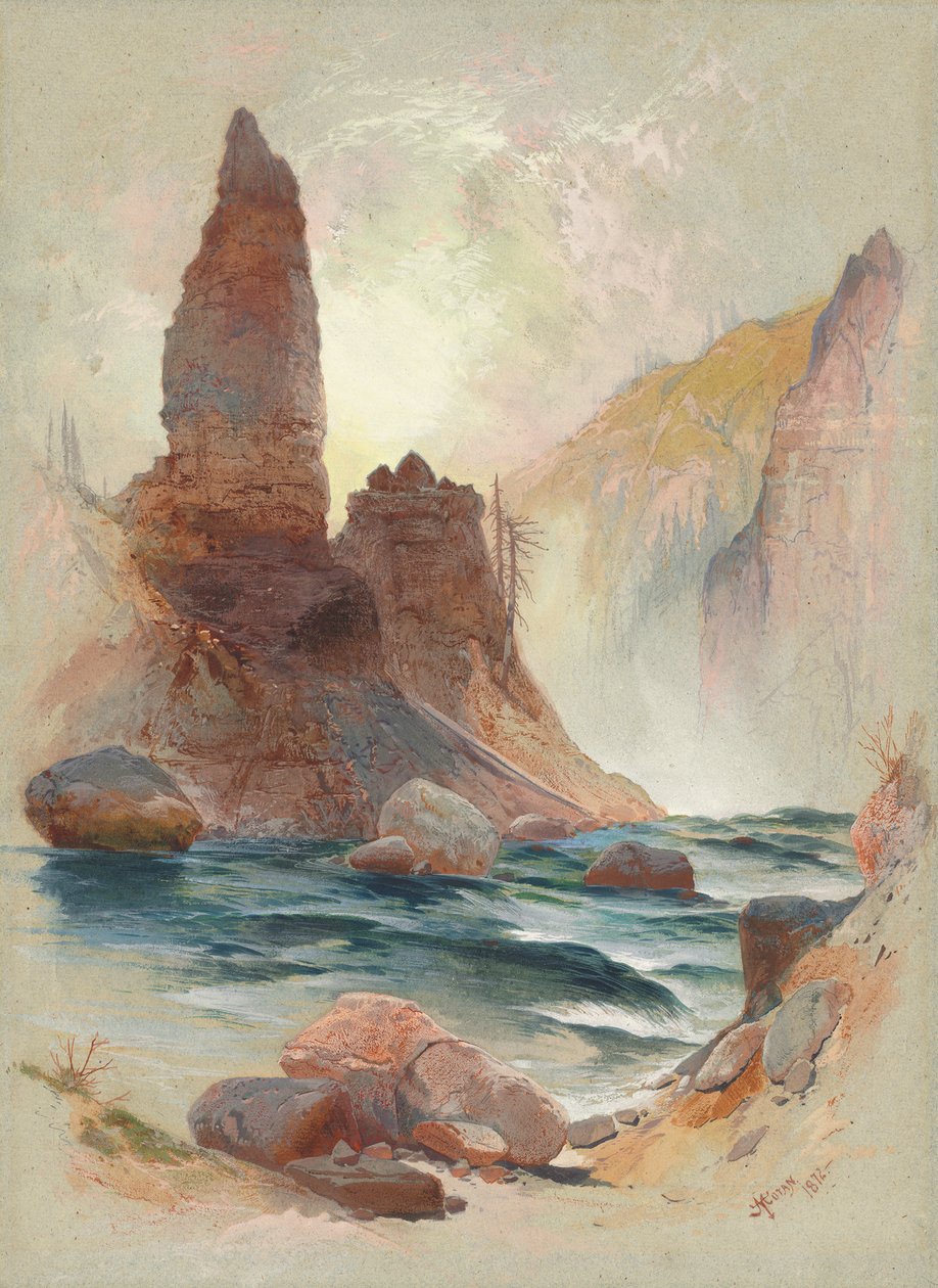 برج في شلالات البرج ، يلوستون ، 1872 (ألوان مائية وغواش فوق الجرافيت) بواسطة توماس موران