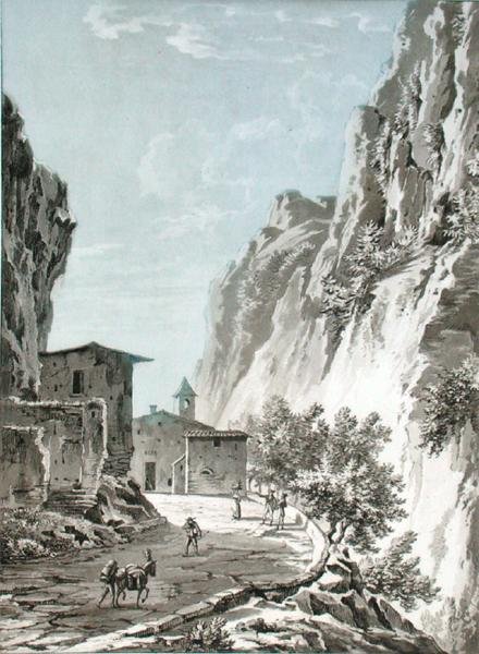 قرية جوندو على ممر سيمبلون ، رسم توضيحي من "رحلة بيتوريسك إي هيستوريك دو نور ديتالي" بقلم تي برون نيرغارد ، حانة ، في عام 1820 (ليثو) بواسطة توماس نوديت
