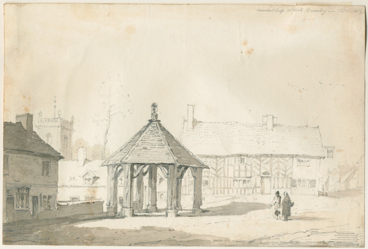 Abbots Bromley Tudor - Market Cross and House: رسم بالقلم الرصاص والغسيل بواسطة توماس بيبلو وود