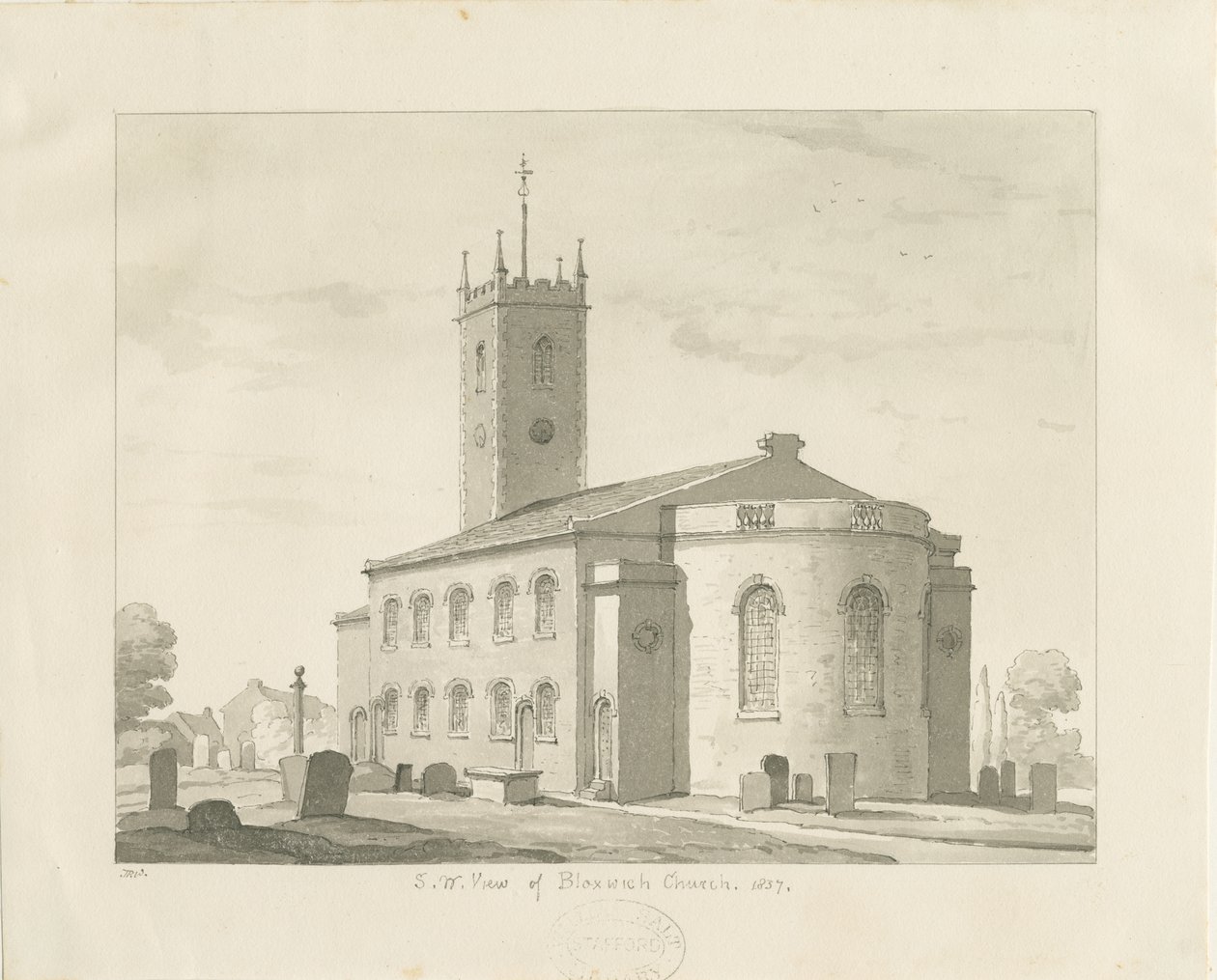 كنيسة Bloxwich: رسم بني داكن ، 1837 بواسطة توماس بيبلو وود