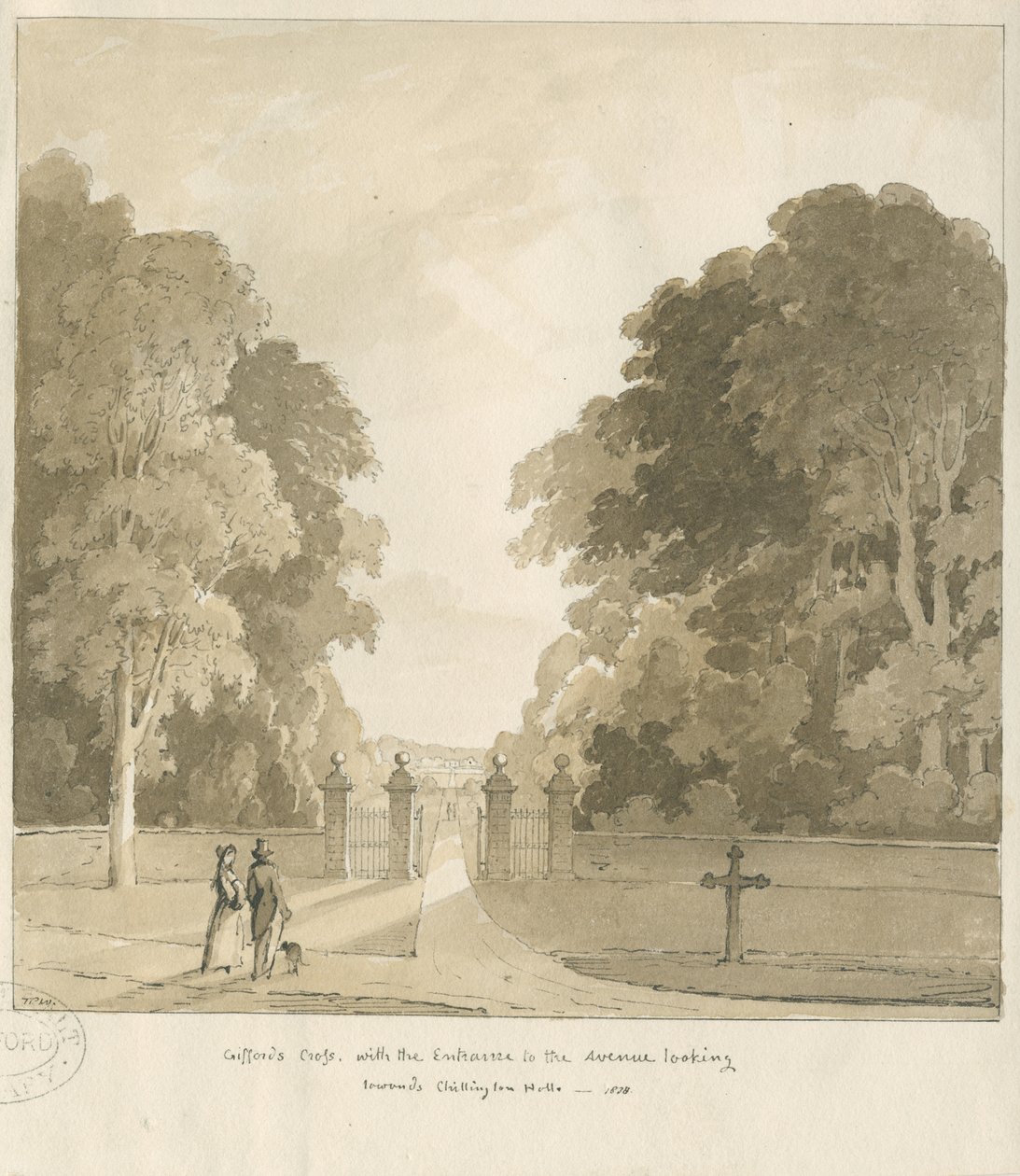 Chillington Hall - "صليب جيفارد": رسم بني داكن ، 1838 بواسطة توماس بيبلو وود