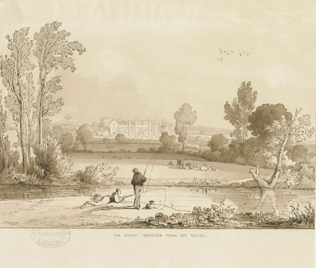 Colwich - The Mount Nunnery: رسم بني داكن ، 1837 بواسطة توماس بيبلو وود