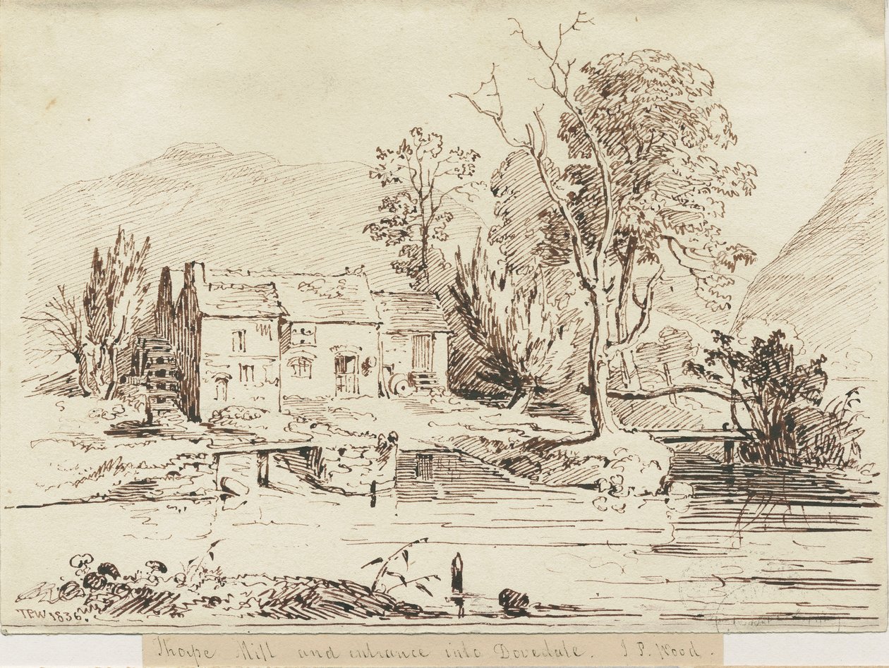 Dovedale - Thorpe Mill: الرسم بالقلم والبني الداكن بواسطة توماس بيبلو وود