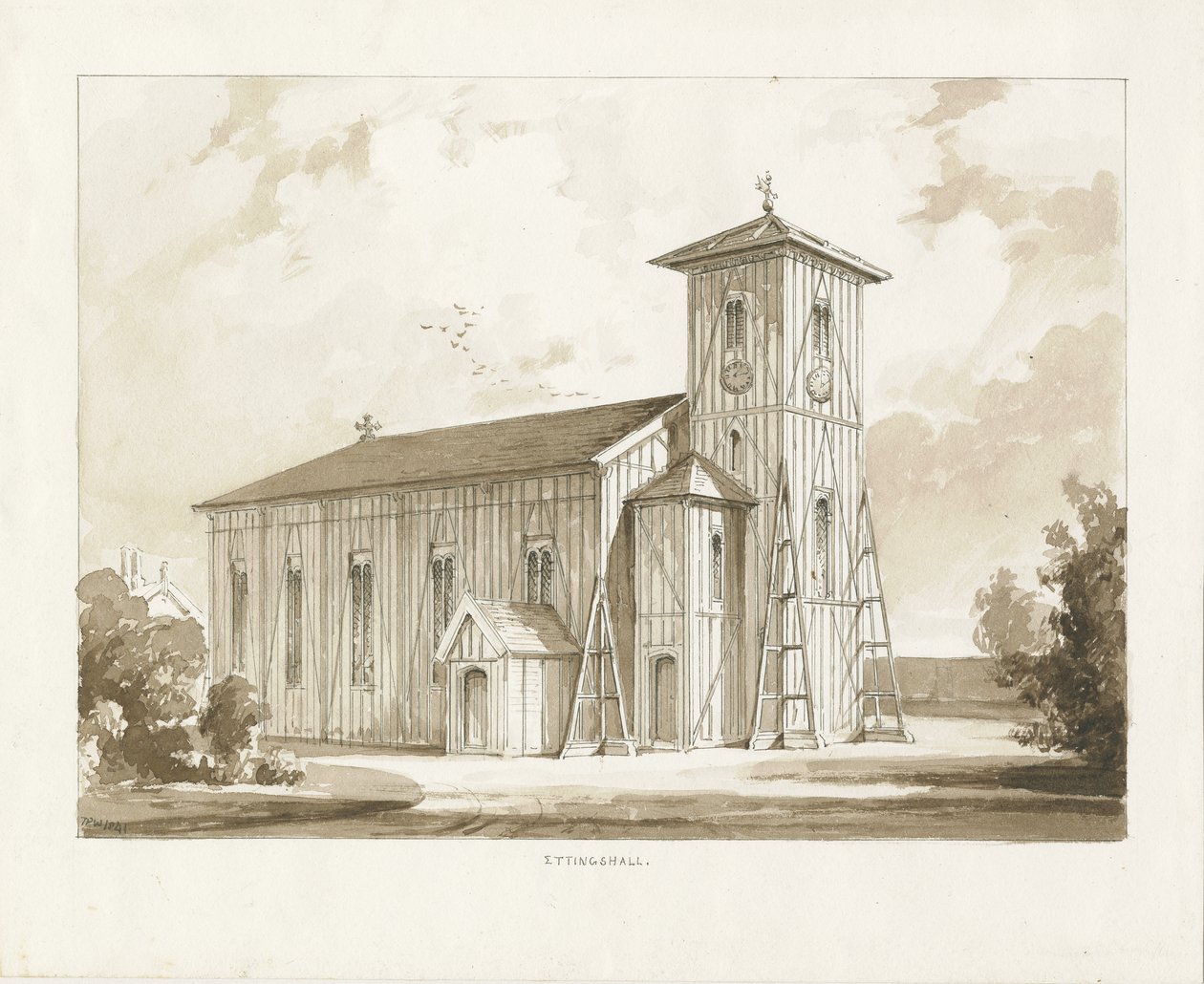 كنيسة Ettingshall: رسم يغسل بني داكن ، 1841 بواسطة توماس بيبلو وود