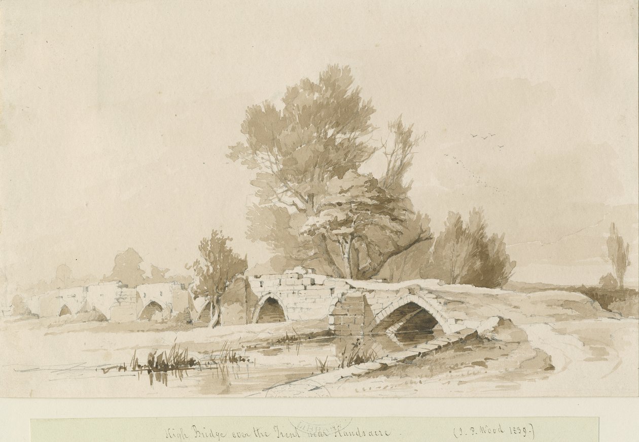 Handsacre - Old High Bridge: رسم بني داكن ، 1839 بواسطة توماس بيبلو وود