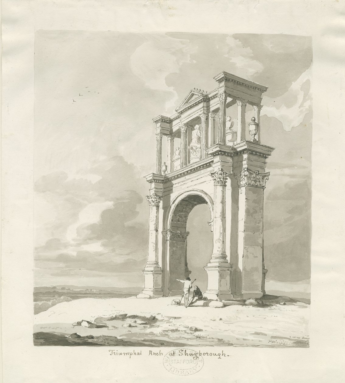 Shugborough - قوس النصر: رسم بني داكن ، 1836 بواسطة توماس بيبلو وود