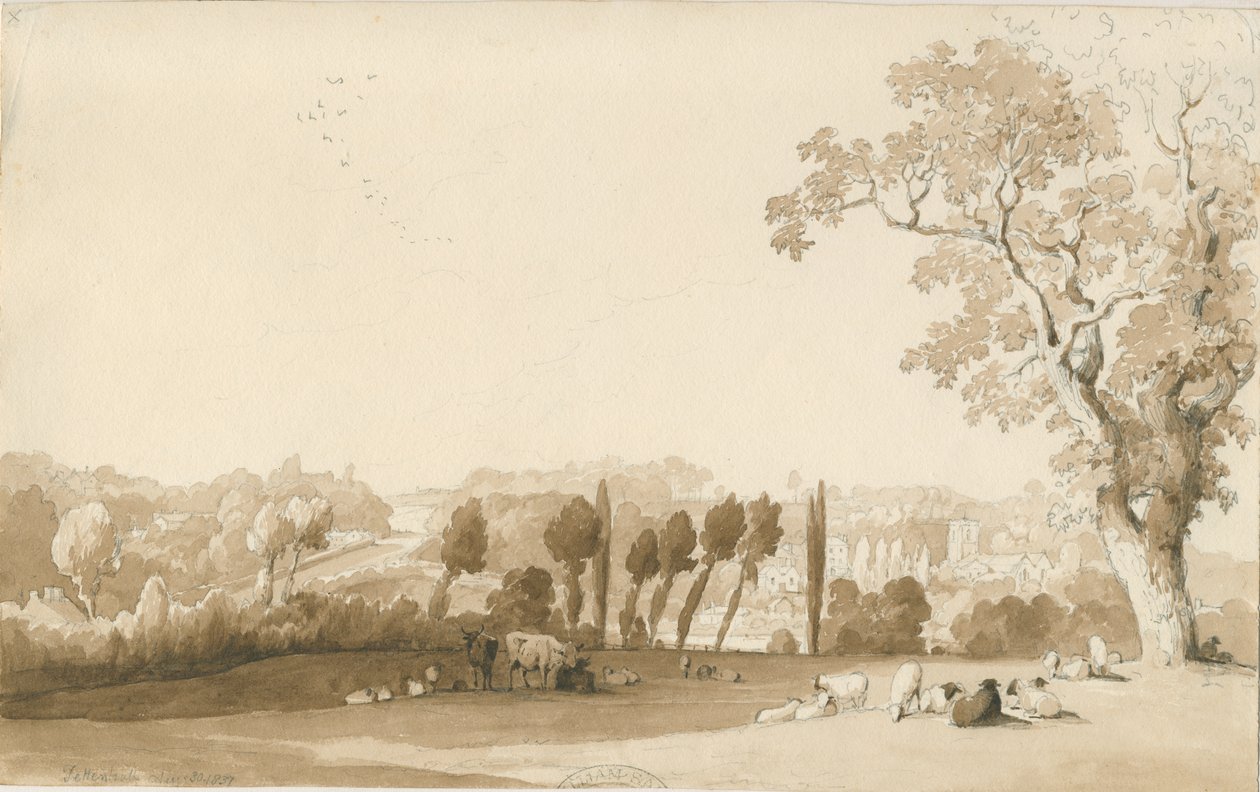 Tettenhall - منظر بعيد من الجنوب الشرقي: الرسم بالقلم الرصاص والغسيل ، 30 أغسطس 1837 بواسطة توماس بيبلو وود