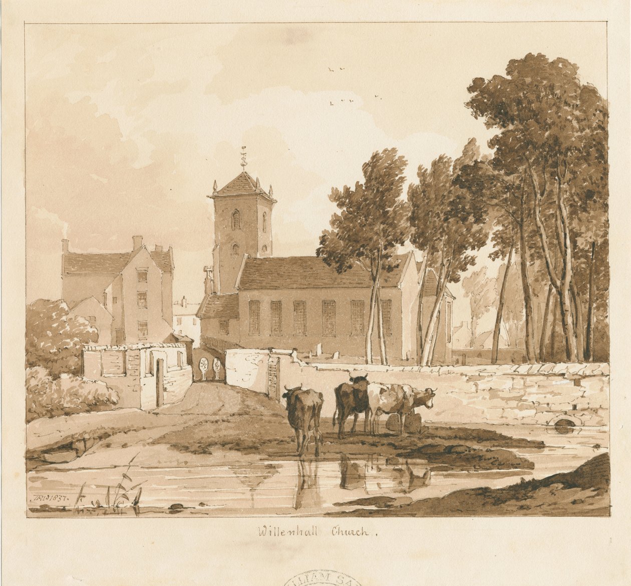 كنيسة Willenhall: رسم بني داكن ، 1837 بواسطة توماس بيبلو وود