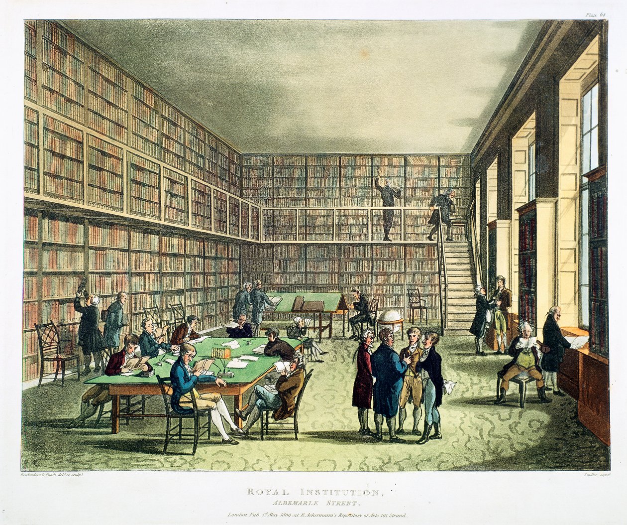 مكتبة المعهد الملكي ، شارع ألبيرمارل ، لندن ، 1808-1811 بواسطة توماس رولاندسون ، أوغسطس تشارلز بوجين