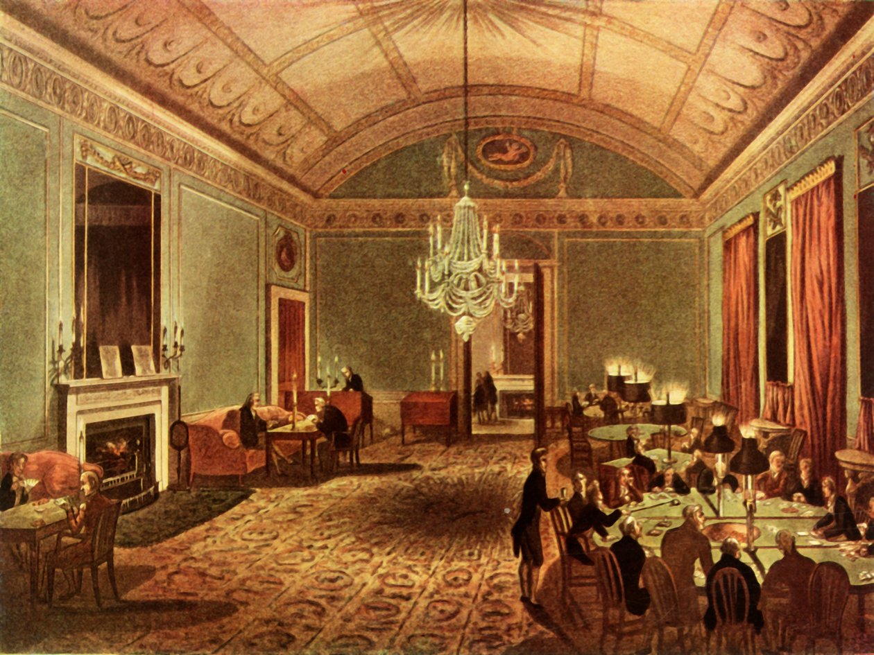 "The Great Subscription Room at Brooks، St. James's Street، London" ، 1808 ، 1947. المؤلفون: توماس رولاندسون ، أوغسطس تشارلز بوجين. بواسطة توماس رولاندسون ، أوغسطس تشارلز بوجين
