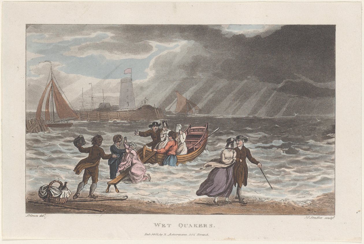 Wet Quakers، from Poetical Sketches of Scarborough، 1813.، 1813. Creators: Thomas Rowlandson، Joseph Constantine Stadler، J. Bluck. بواسطة توماس رولاندسون ، جوزيف قسطنطين ستادلر ، جي بلاك