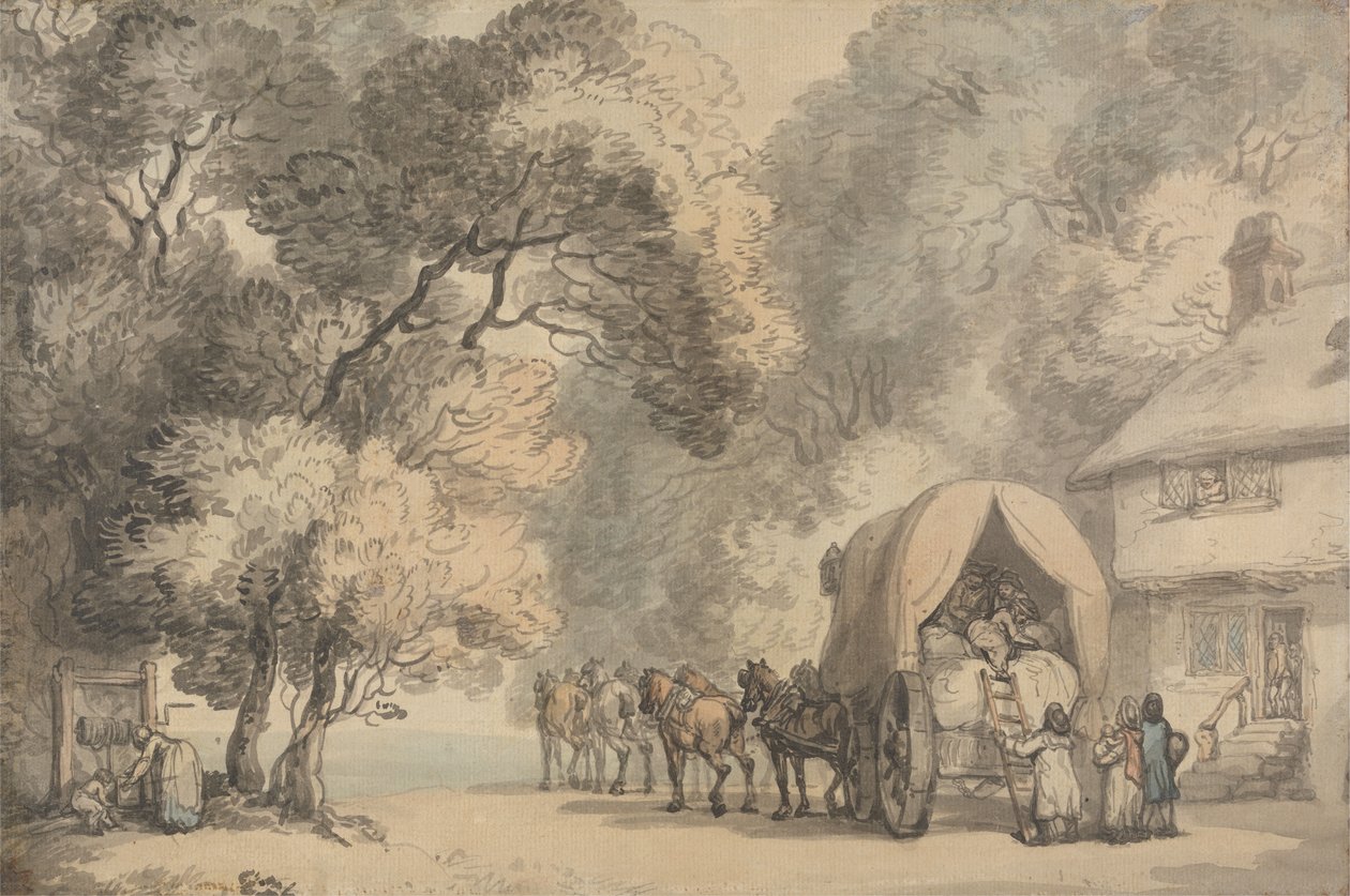 عربة نقل خارج نزل ، حوالي 1785-90 (قلم وحبر وألوان مائية على ورق مضغوط) بواسطة توماس رولاندسون