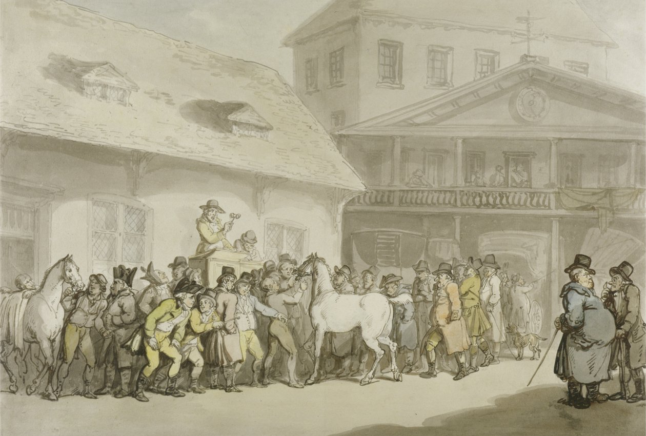 بيع الخيول في مستودع هوبكنز ، باربيكان ، حوالي 1798-1800 (قلم وحبر وألوان مائية على ورق) بواسطة توماس رولاندسون