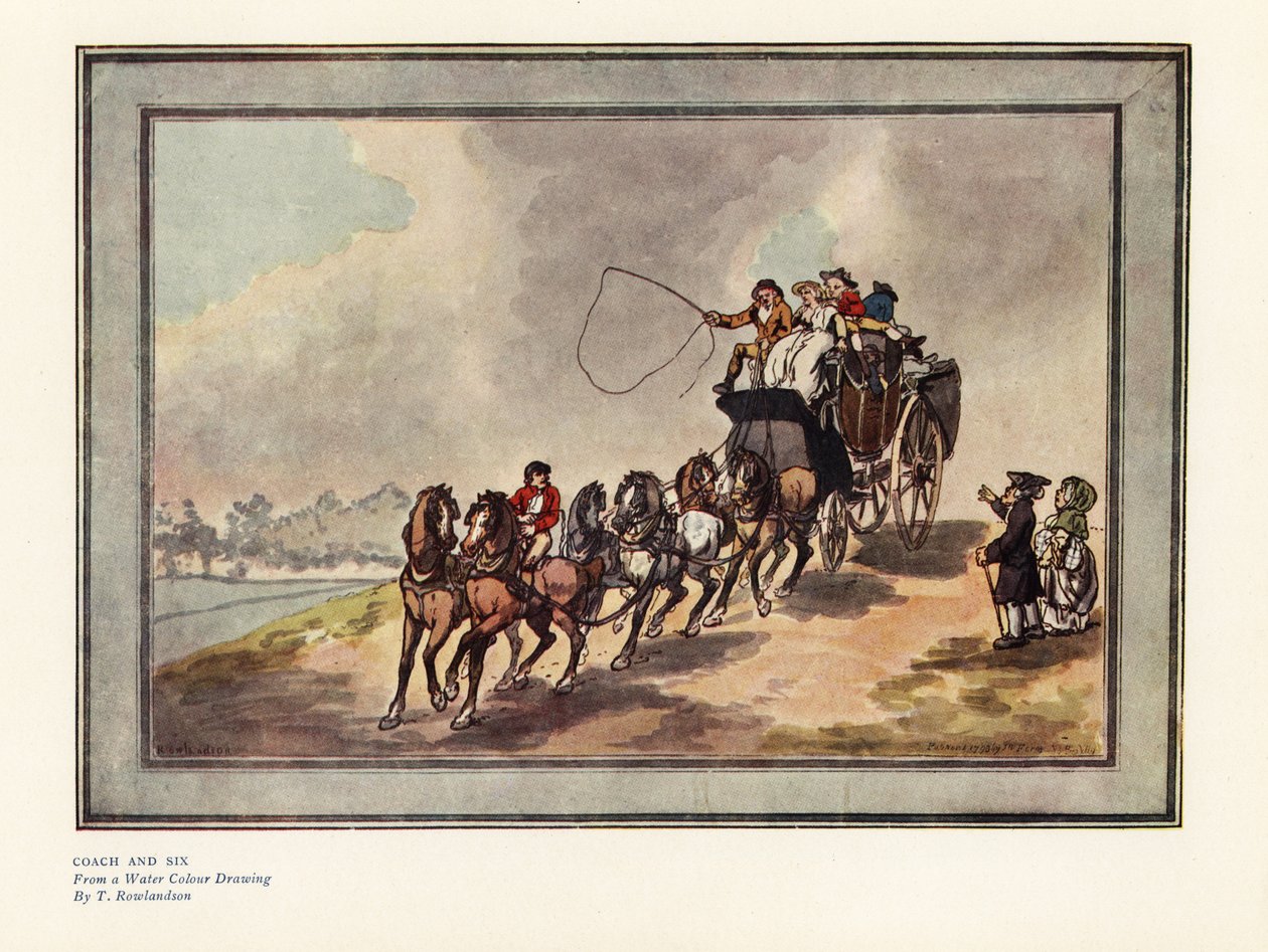 Coach and six horses with passengers and luggage on the roof بواسطة توماس رولاندسون