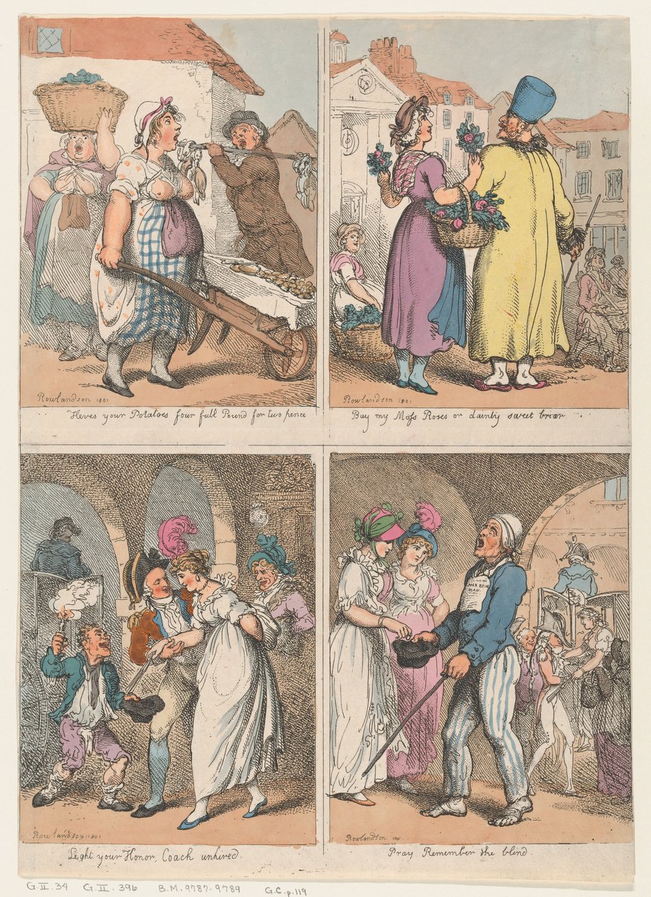 أربعة مشاهد من سلسلة Cries of London: ها هي البطاطس ... ، Buy my Moss ... ، 1 أغسطس 1801. بواسطة توماس رولاندسون