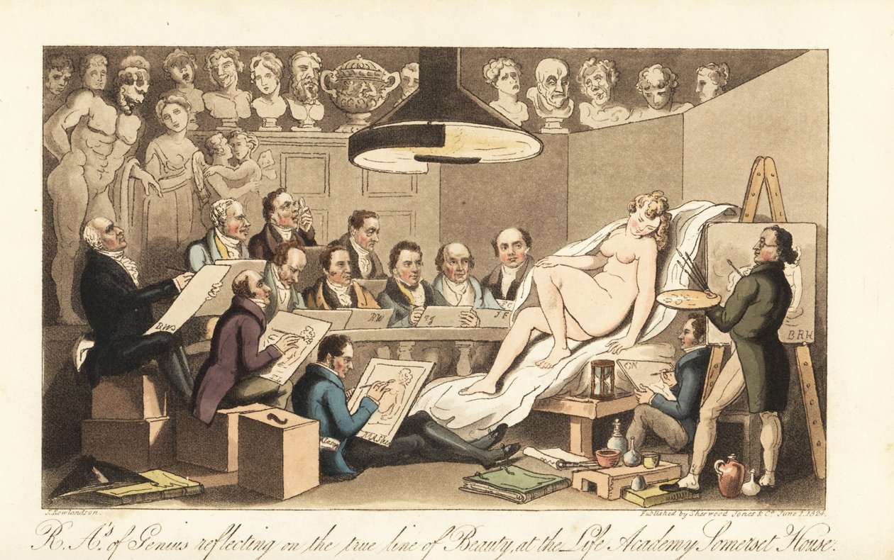 Georgian artists including Benjamin West, Thomas Lawrence, Benjamin Haydon, Joseph Farrington, Richard Westall and Martin Archer Shee drawing a nude model, while classical busts look down. Royal Academicians of Genius reflecting on the true line of Beauty, بواسطة توماس رولاندسون