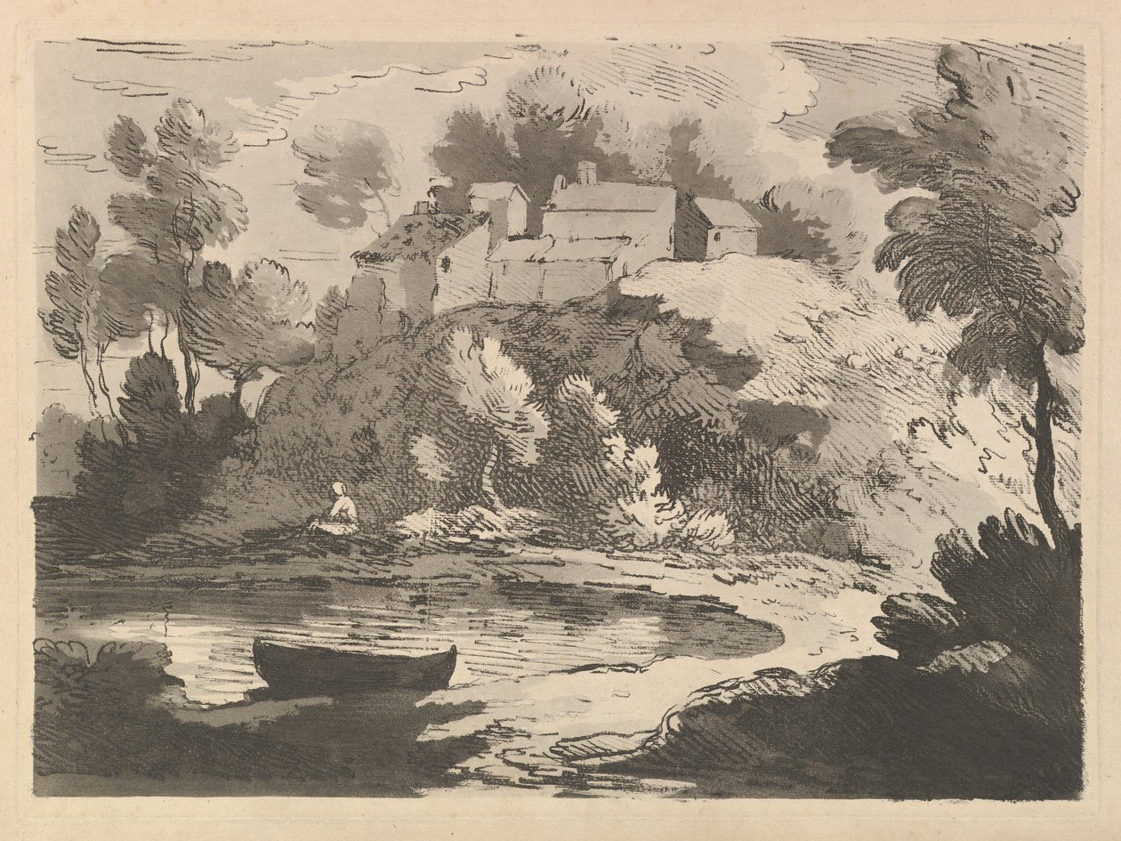 منظر نهر هيلي ، قارب في الماء على اليسار الأمامي ، شكل على الشاطئ البعيد ... ، 1783-84. بواسطة توماس رولاندسون