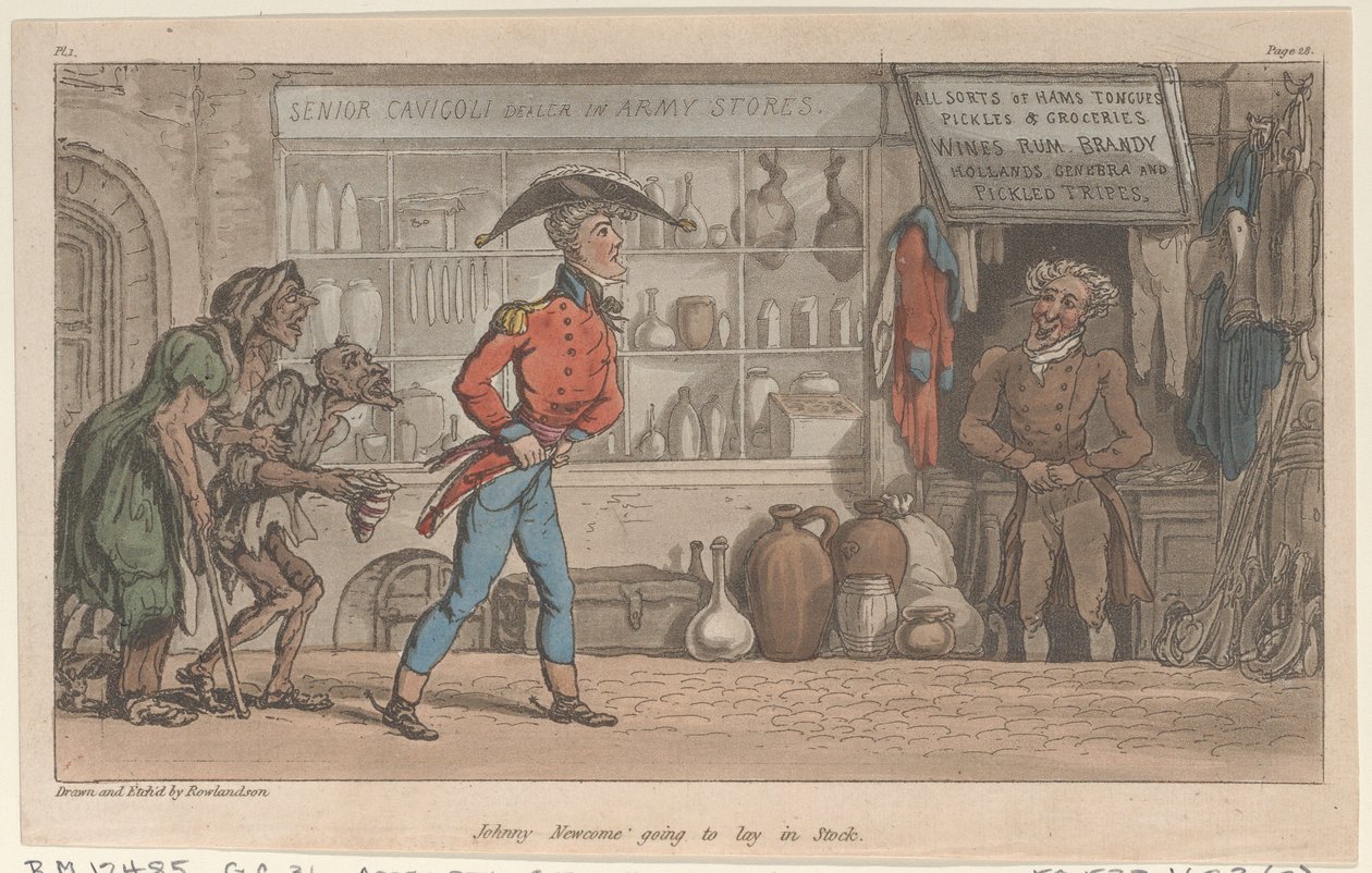 جوني نيوكوم سيضع في Stock ، من The Military Adventures of Johnny Newcome ، 1815. ، 1815. بواسطة توماس رولاندسون