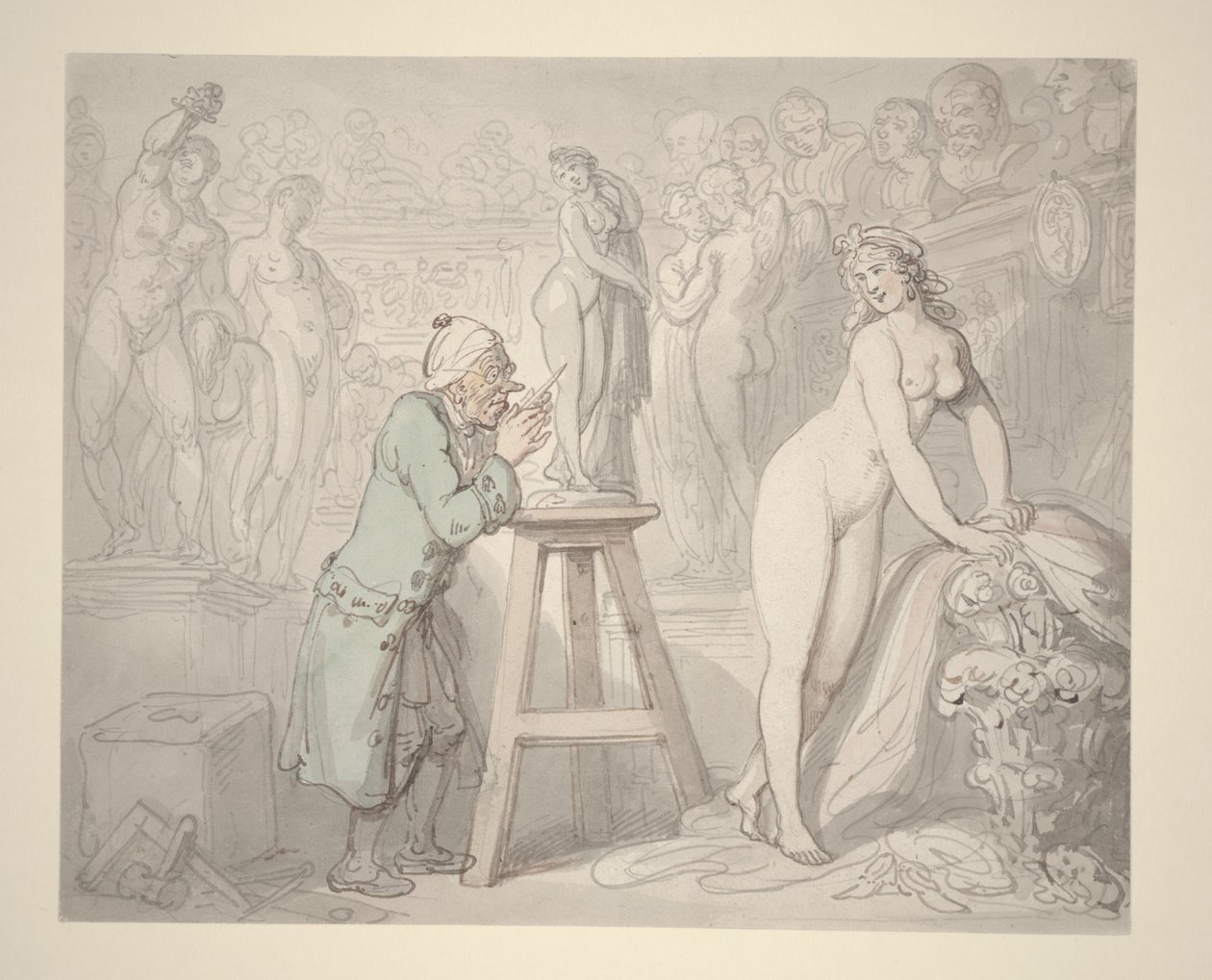 جوزيف نوليكنز في استوديوه ، حوالي عام 1810 (قلم رصاص وحبر وألوان مائية على ورق) بواسطة توماس رولاندسون
