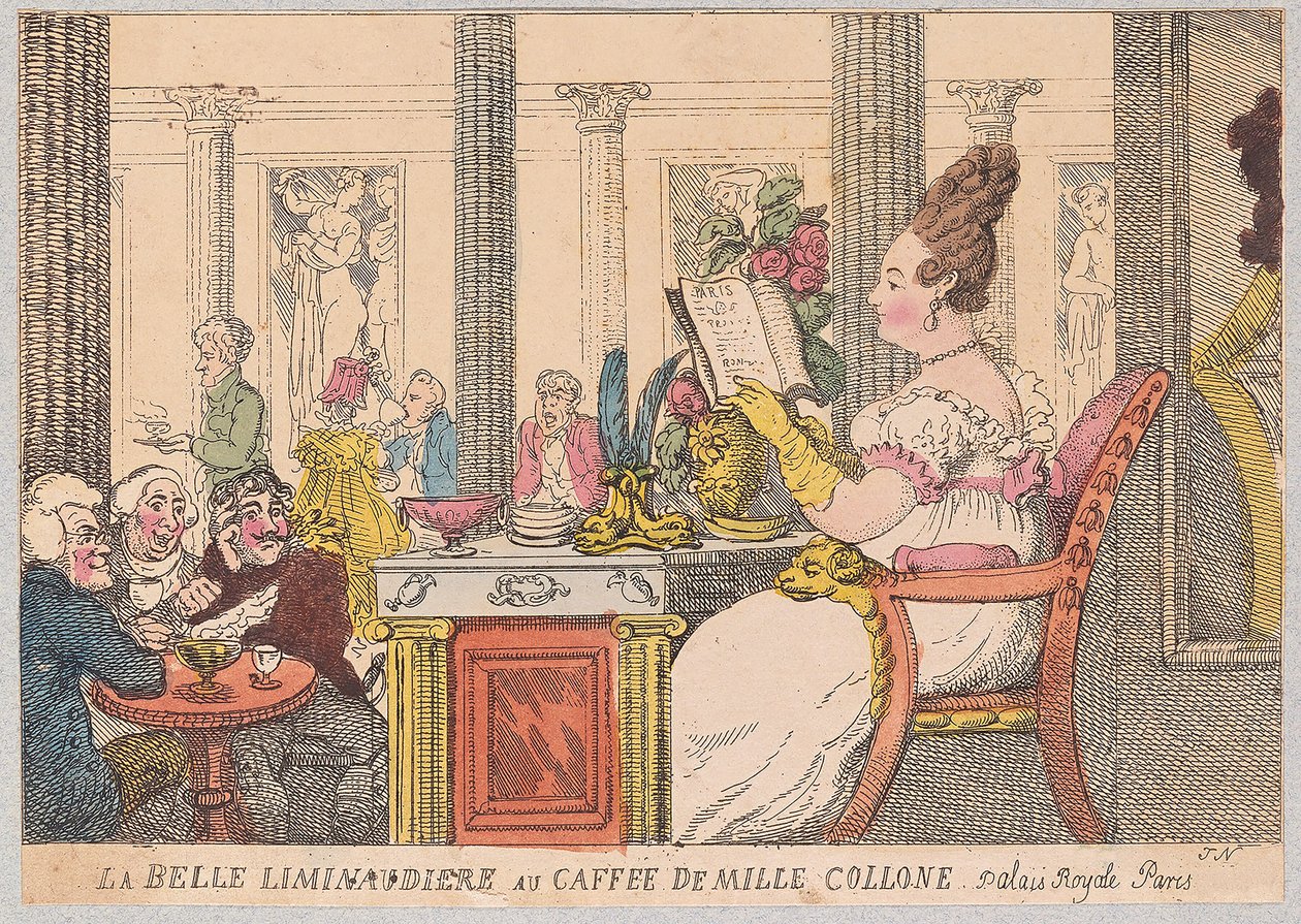 La Belle Liminaudiere at Caffee de Mille Collone، Palais Royal، Paris، pub. 1814 (نقش يدوي) بواسطة توماس رولاندسون
