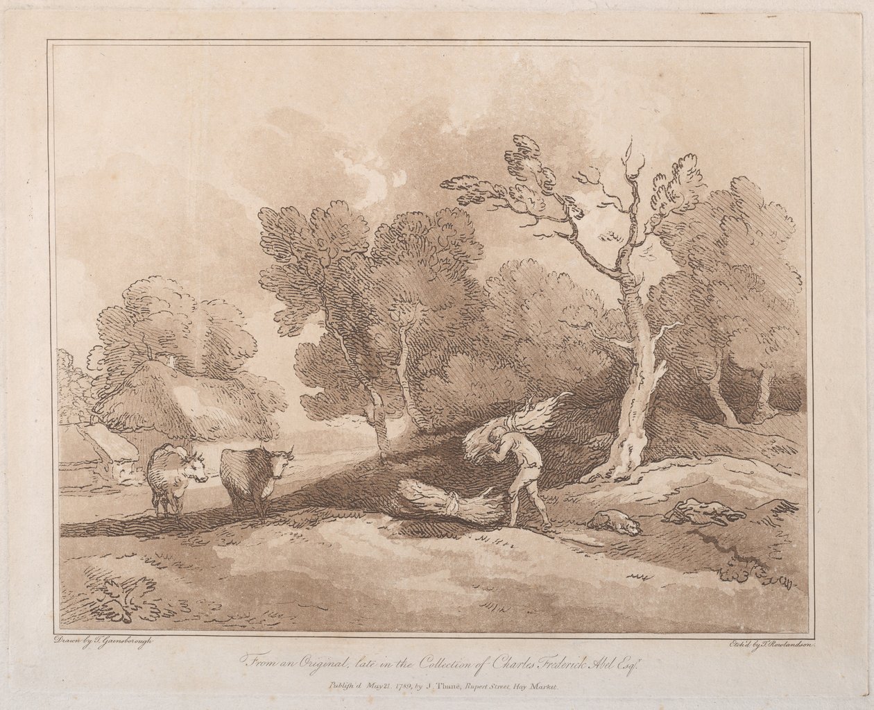 منظر طبيعي مع شكل يحمل مجموعة من الفروع ، و Copice في الخلف ، وبقرتان في ... ، 21 مايو 1789. بواسطة توماس رولاندسون