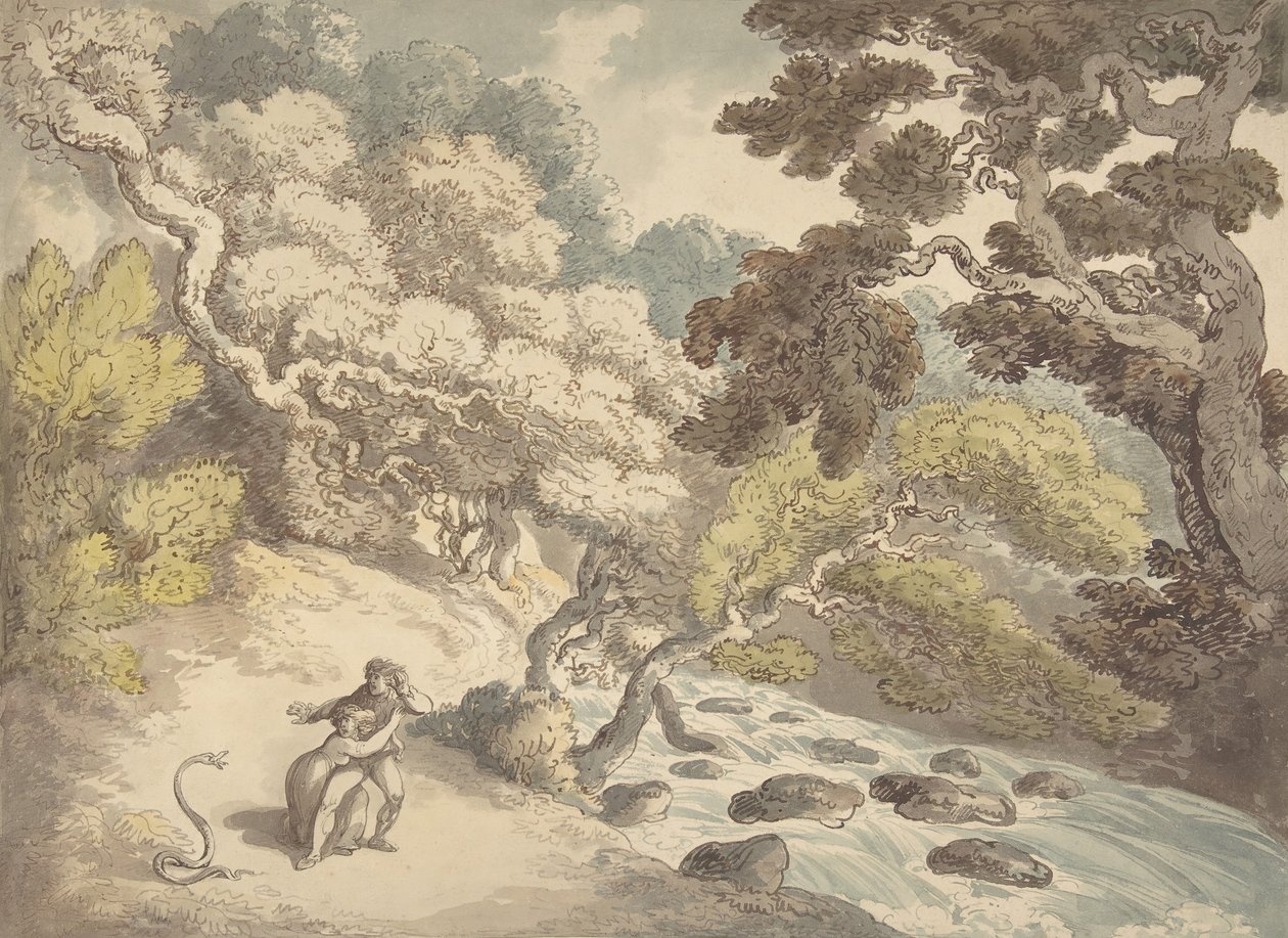 منظر طبيعي به جدول متسرع وزوجان على الضفة ، خائفان من ثعبان ، 1775-1827. بواسطة توماس رولاندسون