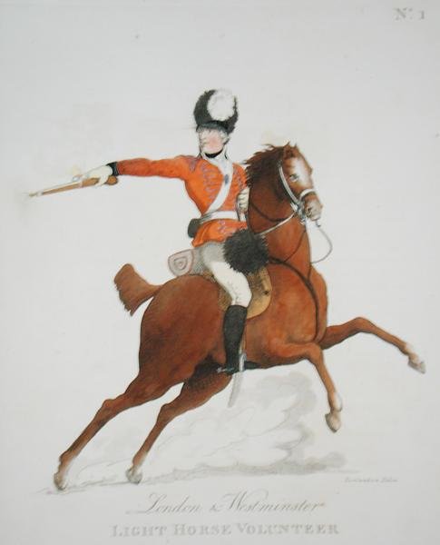 متطوع لندن وويستمنستر لايت هورس ، اللوحة 1 من "Loyal Volunteers of London and Environs" ، تم نشره عام 1798 (litho litho) بواسطة توماس رولاندسون