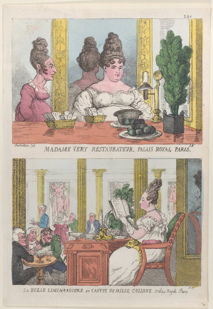 Madame Very Restauranteur ، Palais Royal Paris و La Belle Liminaudiere في Caffee De Mille ... ، 1814. بواسطة توماس رولاندسون