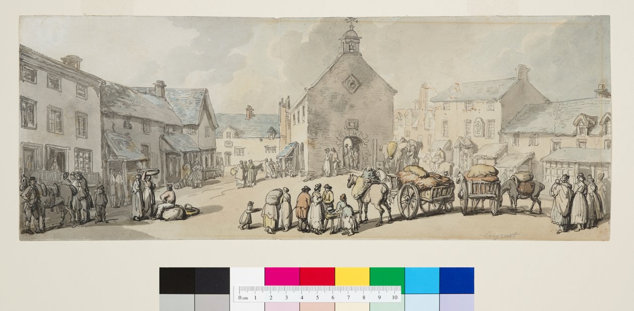 ماركت بليس ، لانروست ، حوالي عام 1797 (قلم حبر أسود وألوان مائية على ورق) بواسطة توماس رولاندسون