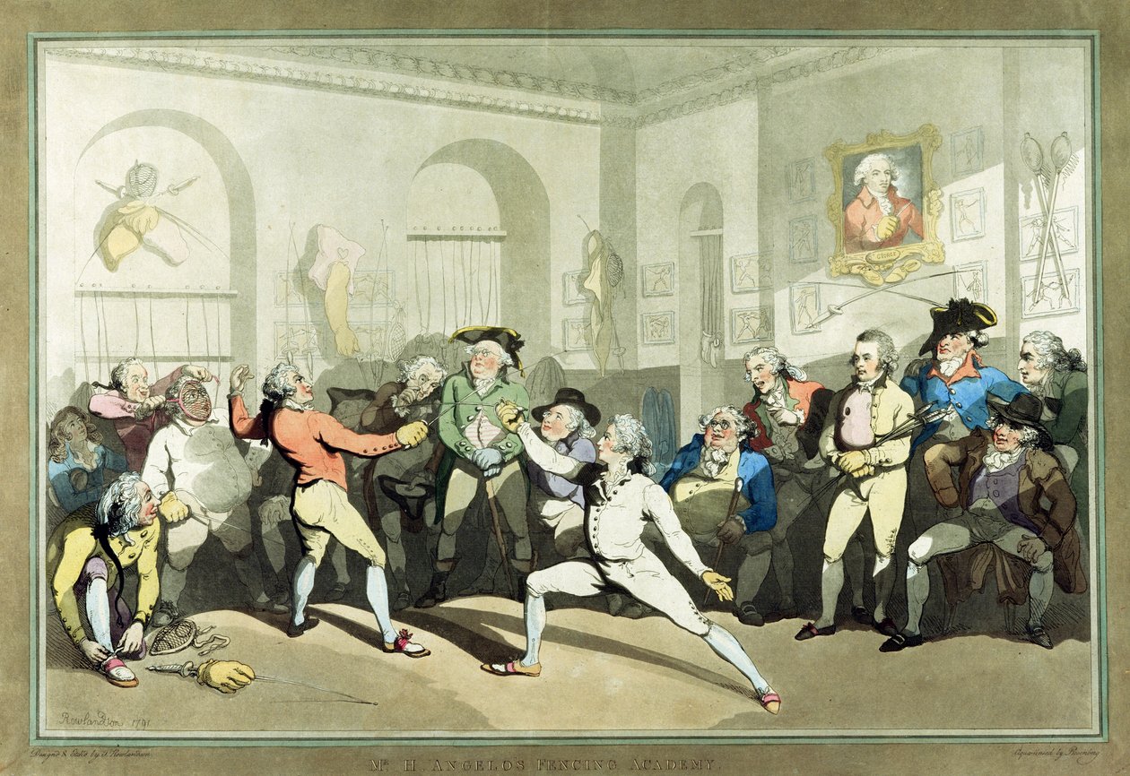 أكاديمية السيد أنجلو للمبارزة ، نقشها تشارلز روزنبرغ ، 1791 (ألوان مائية يدوية) بواسطة توماس رولاندسون