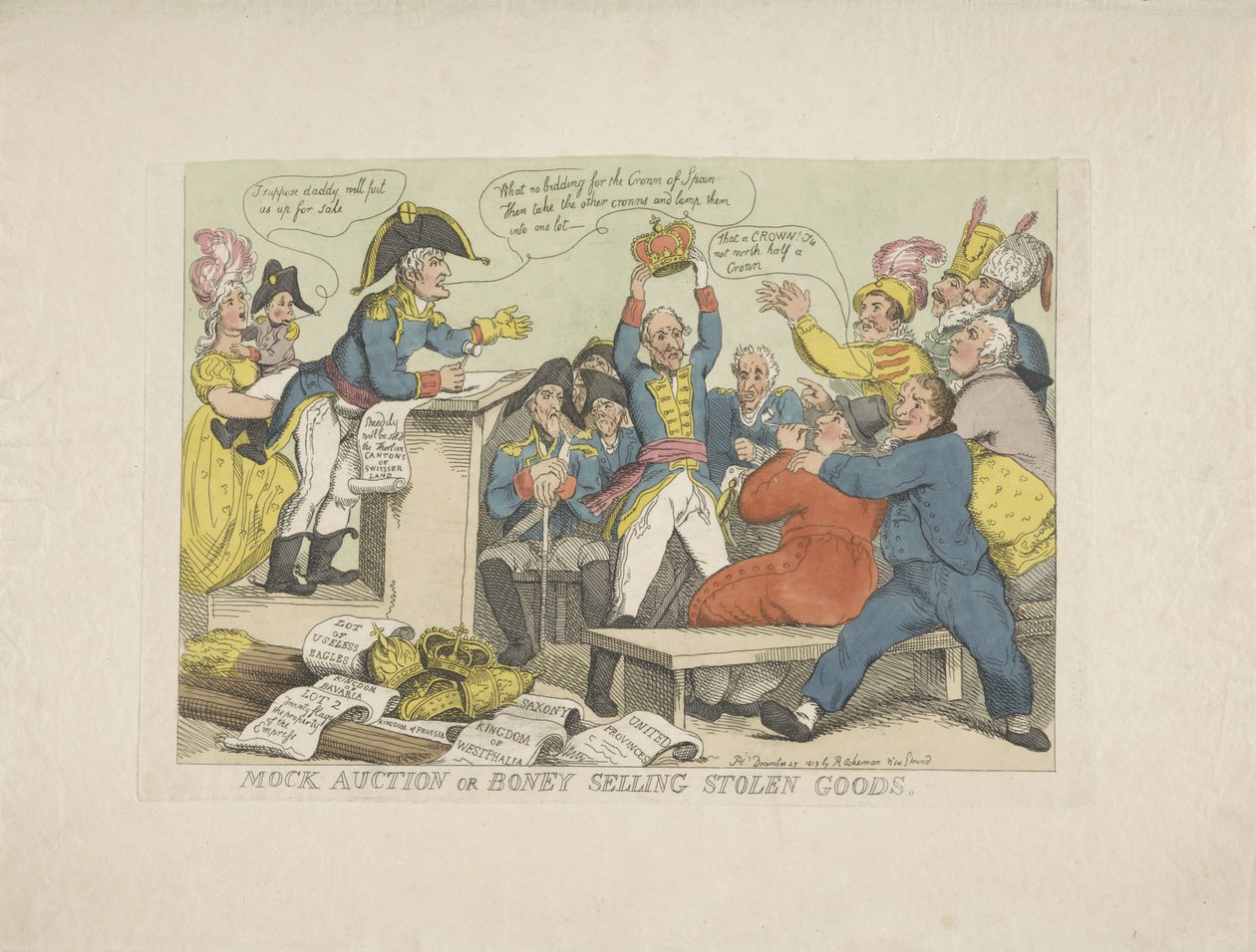 يبيع نابليون البضائع المسروقة ، 1813 المزاد الوهمي أو بيع Boney للبضائع المسروقة (العنوان على الكائن) بواسطة توماس رولاندسون