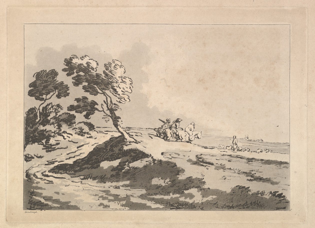 منظر طبيعي مفتوح مع ثلاثة فرسان في المسافة المتوسطة يتجهون إلى اليمين ، Windblo ... ، 1784-88. بواسطة توماس رولاندسون