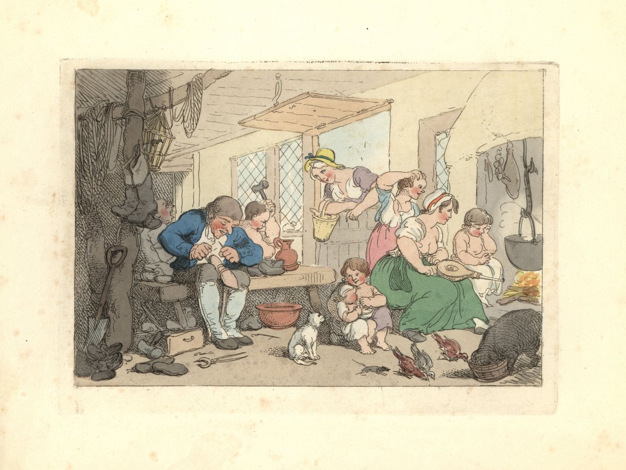 Regency cobbler mending shoes in a crowded room. بواسطة توماس رولاندسون