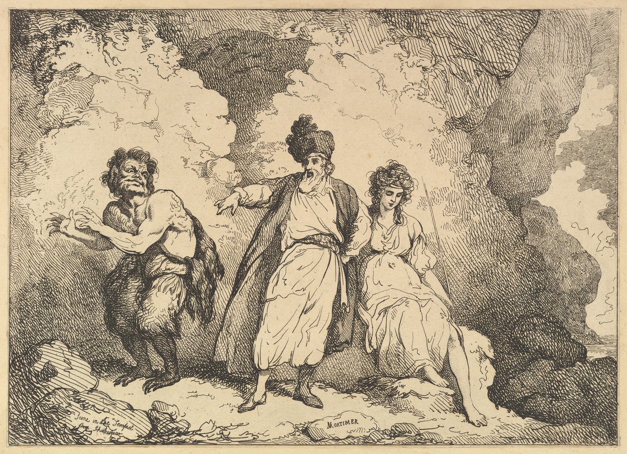مشهد من العاصفة: كاليبان ، بروسبيرو وميراندا ، [1783-87] أعيد إصدارها عام 1801. بواسطة توماس رولاندسون