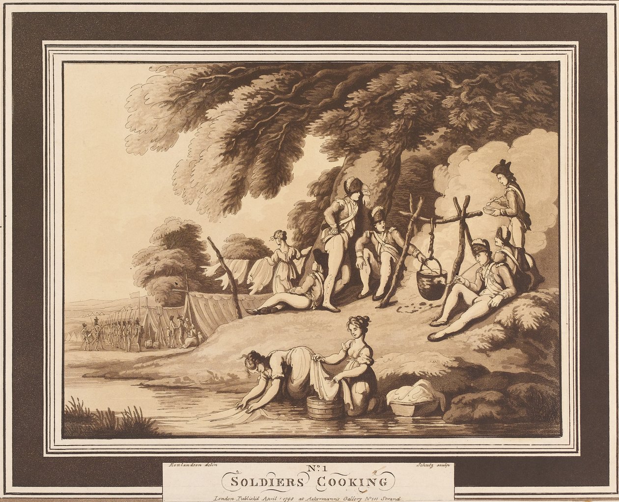"طبخ الجنود" ، حوالي عام 1798 (مائي ، بني داكن) بواسطة توماس رولاندسون