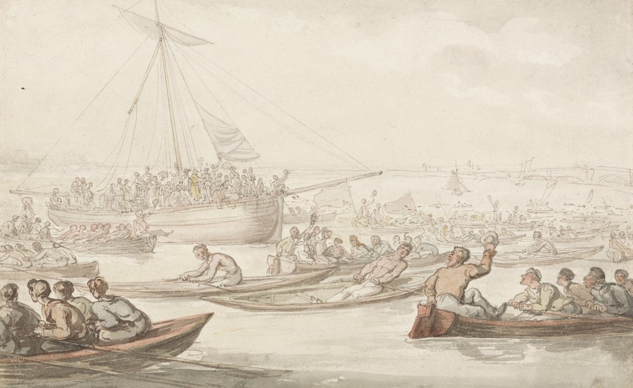 سباق التجديف السنوي لمعطف وشارة Doggett ، حوالي 1805-10 (قلم رصاص وقلم وحبر وألوان مائية على ورق) بواسطة توماس رولاندسون