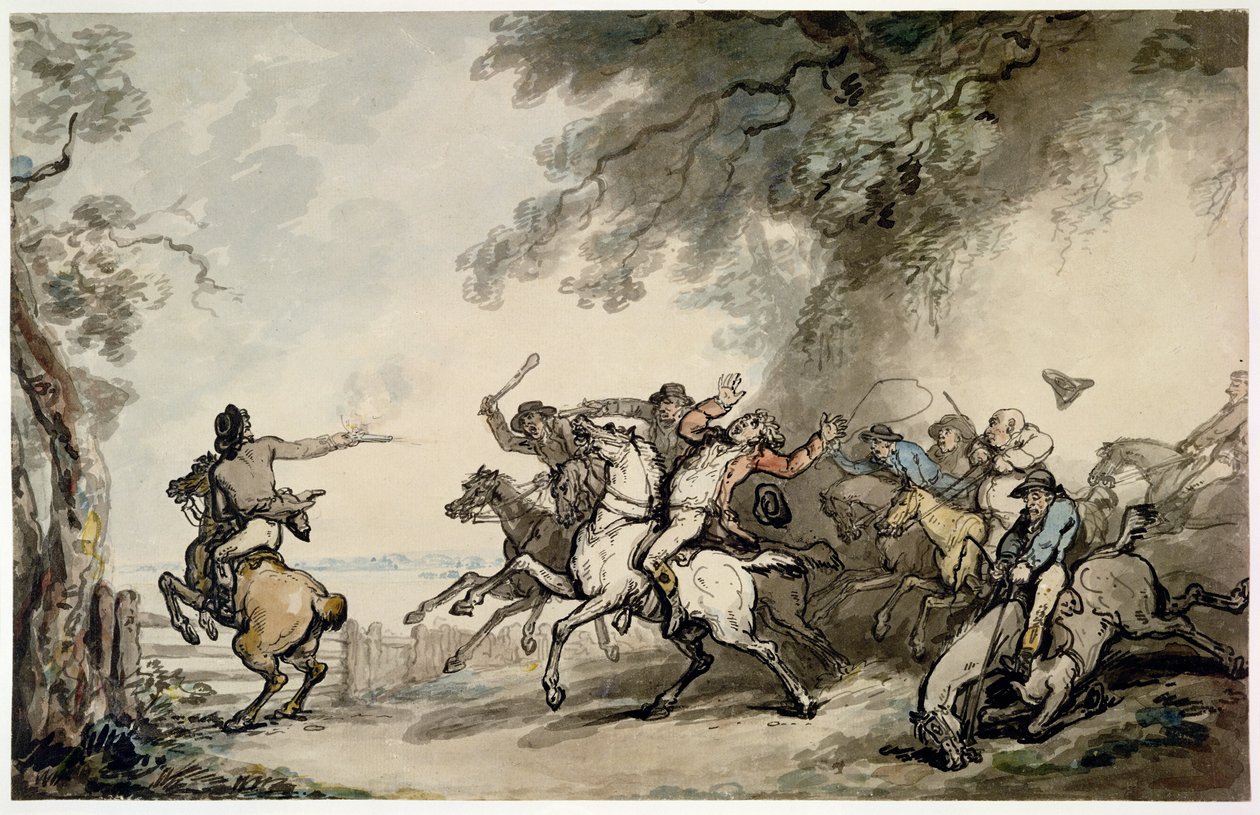 The Chase of the Highwayman، c.1790 (قلم ، حبر ، مرحاض وقلم رصاص على ورق) بواسطة توماس رولاندسون