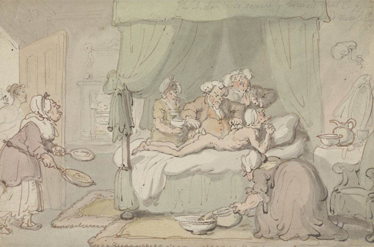 "الطبيب مصاب بكدمات شديدة لدرجة أن الحجامة تعتبر ضرورية" حوالي عام 1810 (ألوان مائية مع قلم وحبر على الورق) بواسطة توماس رولاندسون