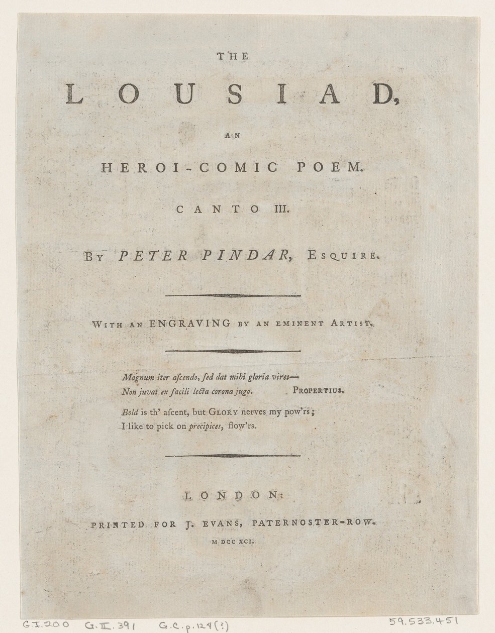 اللوزياد بقلم بيتر بيندار ، فرونتيسبيس ، 1787. ، 1787. بواسطة توماس رولاندسون