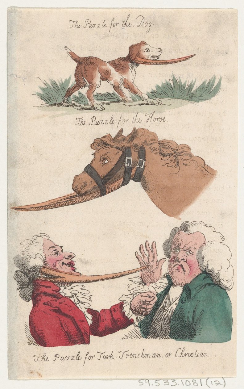 The Puzzle for the Dog، The Puzzle for the Horse، The Puzzle for Turk، Frenchman، or Chris ...، 1808. بواسطة توماس رولاندسون