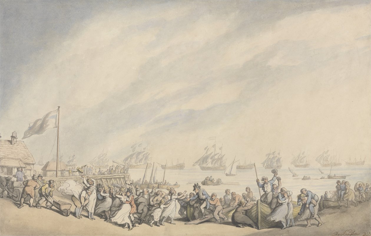 عودة الأسطول إلى جريت يارموث بعد هزيمة الهولنديين عام 1797 ، حوالي 1797 (قلم حبر وألوان مائية على ورق) بواسطة توماس رولاندسون