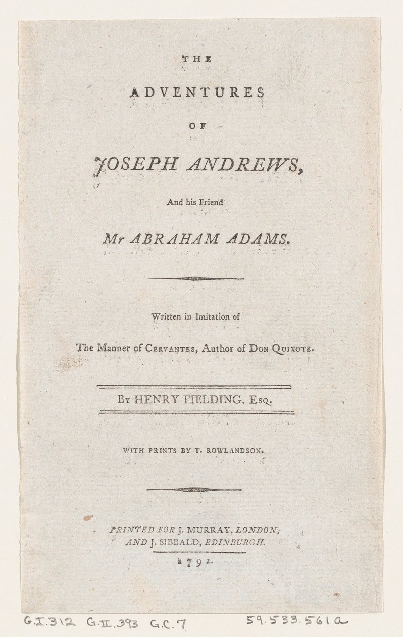 صفحة العنوان: مغامرات جوزيف أندروز وصديقه السيد أبراهام آدامز ، 1792. ، 1792. بواسطة توماس رولاندسون