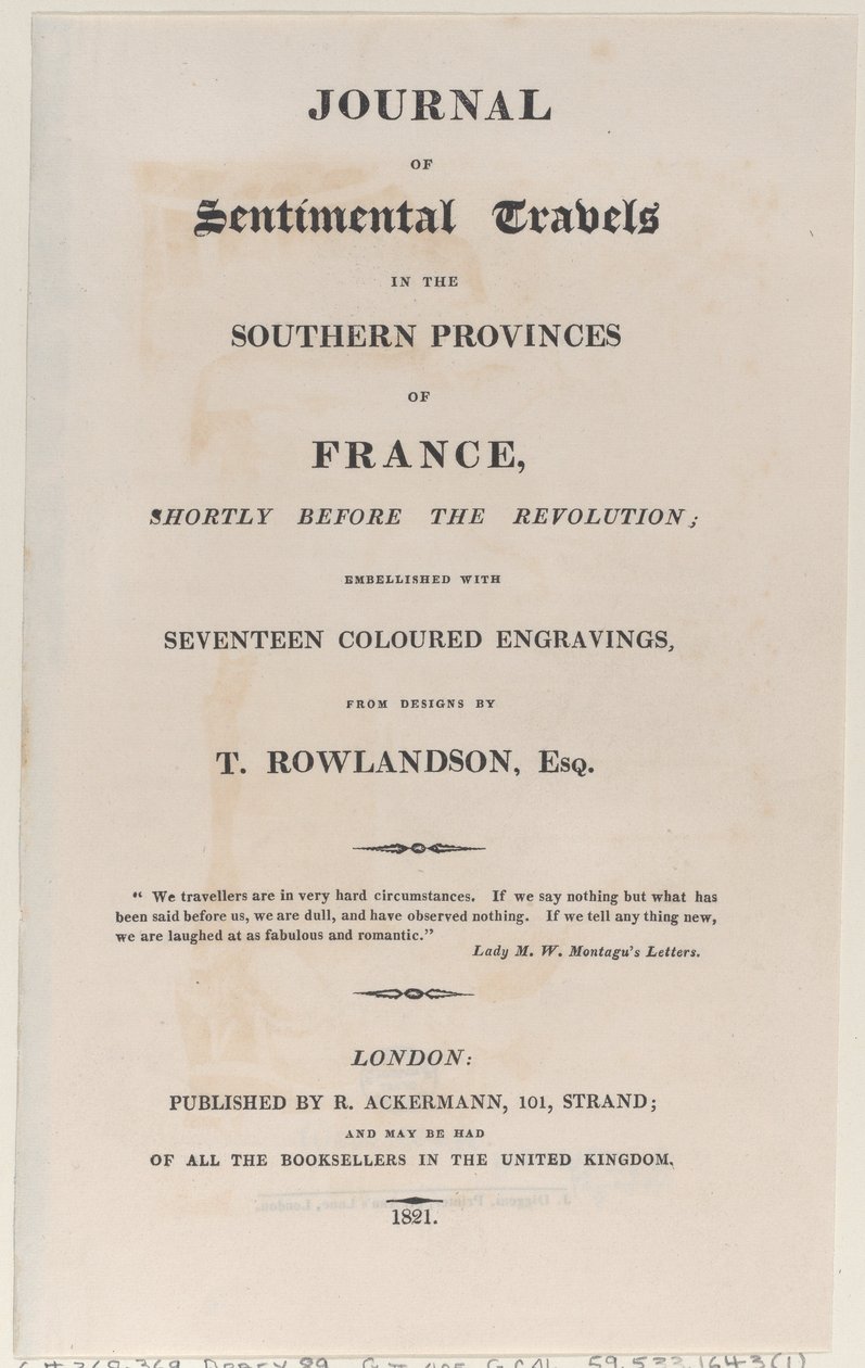 صفحة العنوان ، من مجلة الرحلات العاطفية في المقاطعات الجنوبية لفرنسا ، شور ... ، 1821. بواسطة توماس رولاندسون