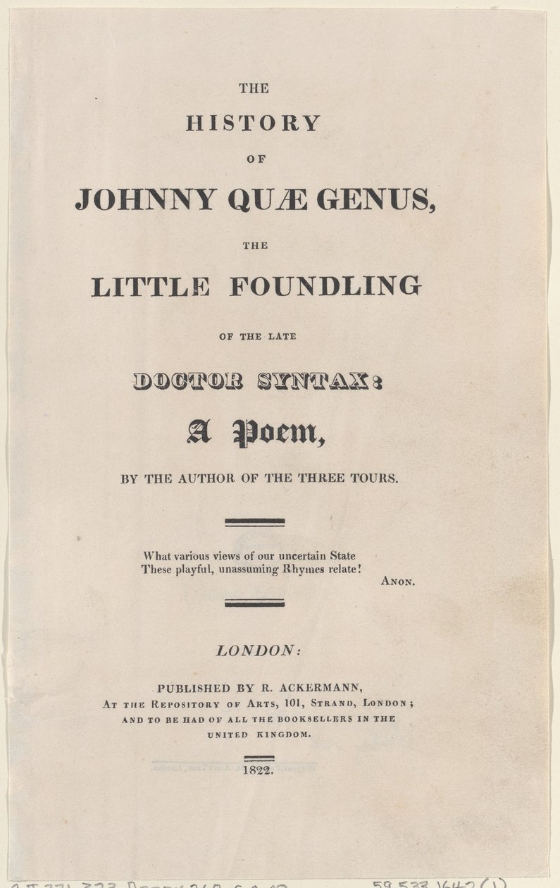 صفحة العنوان ، من تاريخ Johnny Quae Genus ، The Little Foundling of the Late Docto ... ، 1822. بواسطة توماس رولاندسون